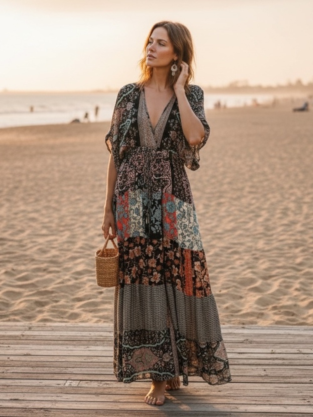 Bohemian Floral Patchwork Maxi Dress - Black Multi - Karma Highway